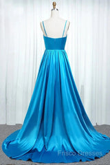 A Line Spaghetti Straps Satin Formal Prom Dress With Slit And Flounced
