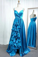 A Line Spaghetti Straps Satin Formal Prom Dress With Slit And Flounced
