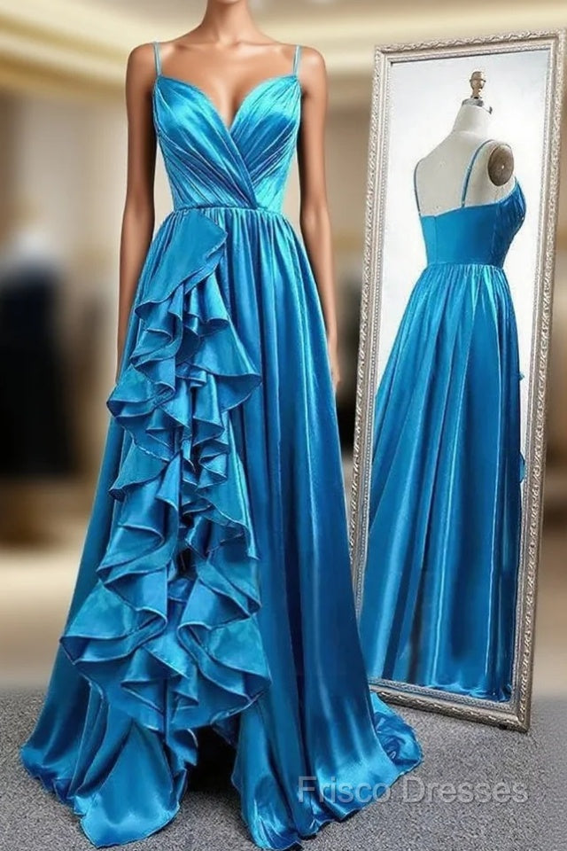 A Line Spaghetti Straps Satin Formal Prom Dress With Slit And Flounced Main image