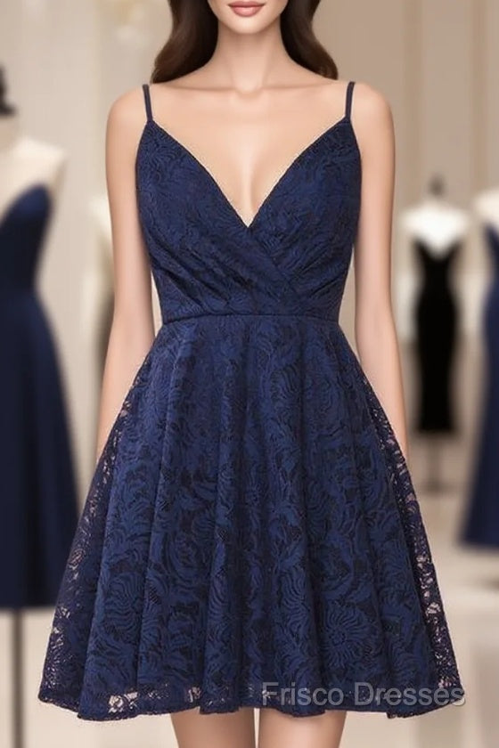 A-Line Spaghetti Straps Short Lace Homecoming Dress