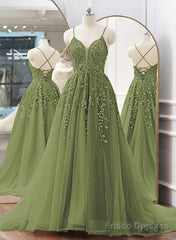 A-Line Spaghetti Straps Sweep Train Prom Dress, Sage Green Tulle  Formal Dress