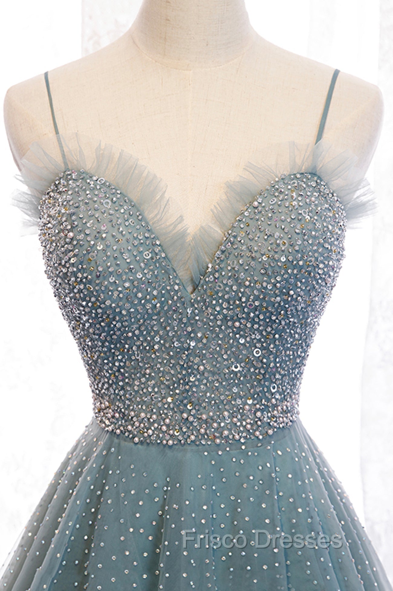 A-Line Spaghetti Straps Tulle Beaded Long Formal Prom Dress, Cute Evening Party Dress