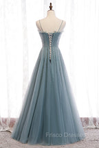 A-Line Spaghetti Straps Tulle Beaded Long Formal Prom Dress, Cute Evening Party Dress