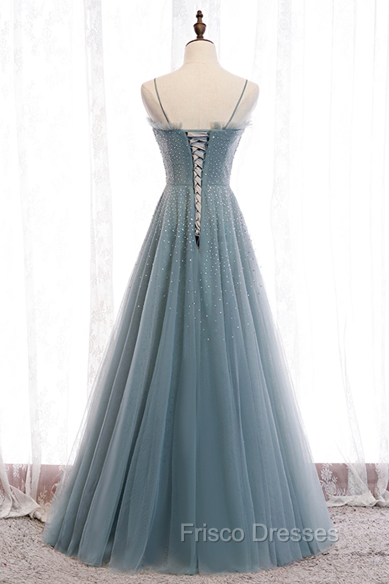 A-Line Spaghetti Straps Tulle Beaded Long Formal Prom Dress, Cute Evening Party Dress