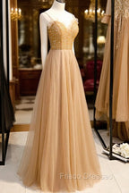 A-Line Spaghetti Straps Tulle Beaded Long Formal Prom Dress, Evening Party Dress