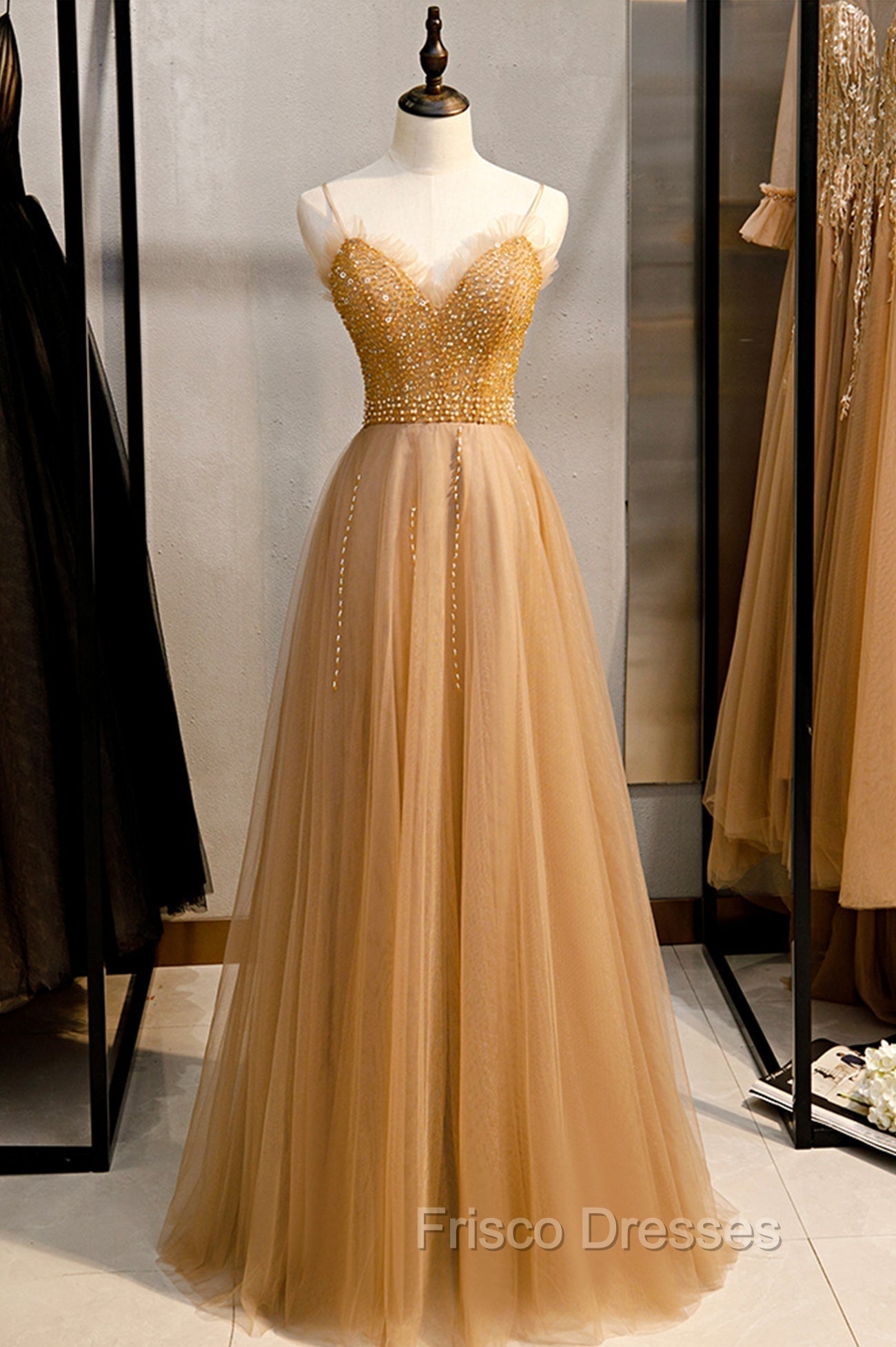 A-Line Spaghetti Straps Tulle Beaded Long Formal Prom Dress, Evening Party Dress Main image
