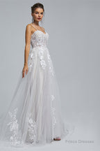 A-Line Spaghetti Straps Tulle Decal Long Wedding Dresses