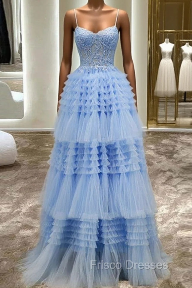 A-Line Spaghetti Straps Tulle Long Formal Prom Dress Main image