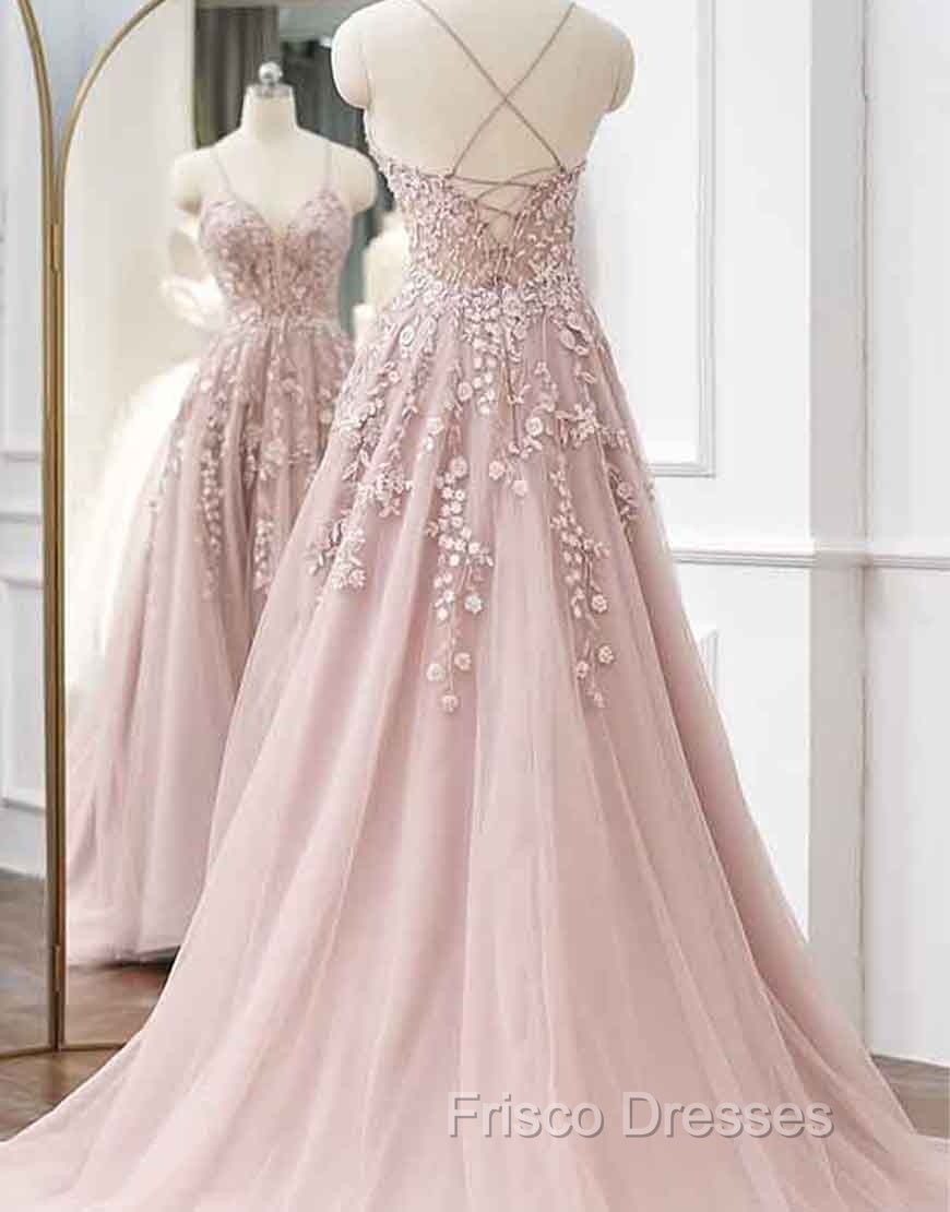 A-line Spaghetti Straps Tulle Formal Prom Dress with Appliques Secondary image
