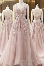 A-line Spaghetti Straps Tulle Formal Prom Dress with Appliques