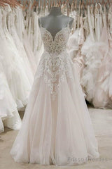 A Line Spaghetti Straps Tulle Wedding Dresses Appliqued Bridal Dresses