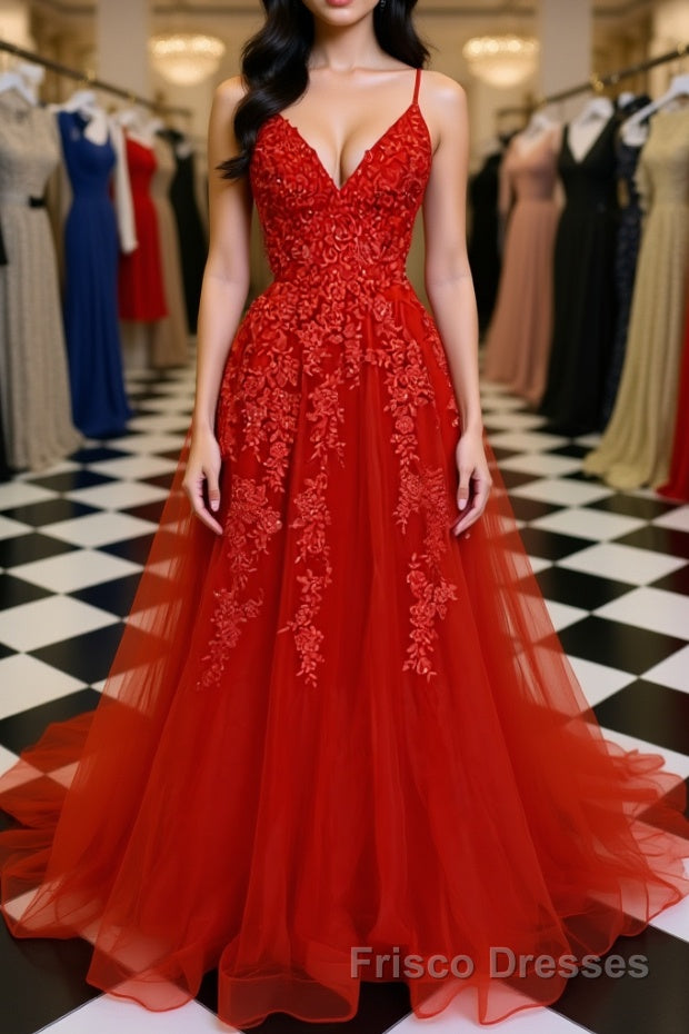A Line Spaghetti Straps V Neck Red Lace Long Formal Prom Dresses, Red Lace Formal Dresses, Red Evening Dresses