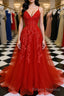 A Line Spaghetti Straps V Neck Red Lace Long Formal Prom Dresses, Red Lace Formal Dresses, Red Evening Dresses
