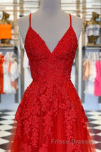 A Line Spaghetti Straps V Neck Red Lace Long Formal Prom Dresses, Red Lace Formal Dresses, Red Evening Dresses