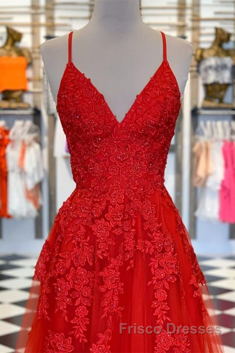 A Line Spaghetti Straps V Neck Red Lace Long Formal Prom Dresses, Red Lace Formal Dresses, Red Evening Dresses