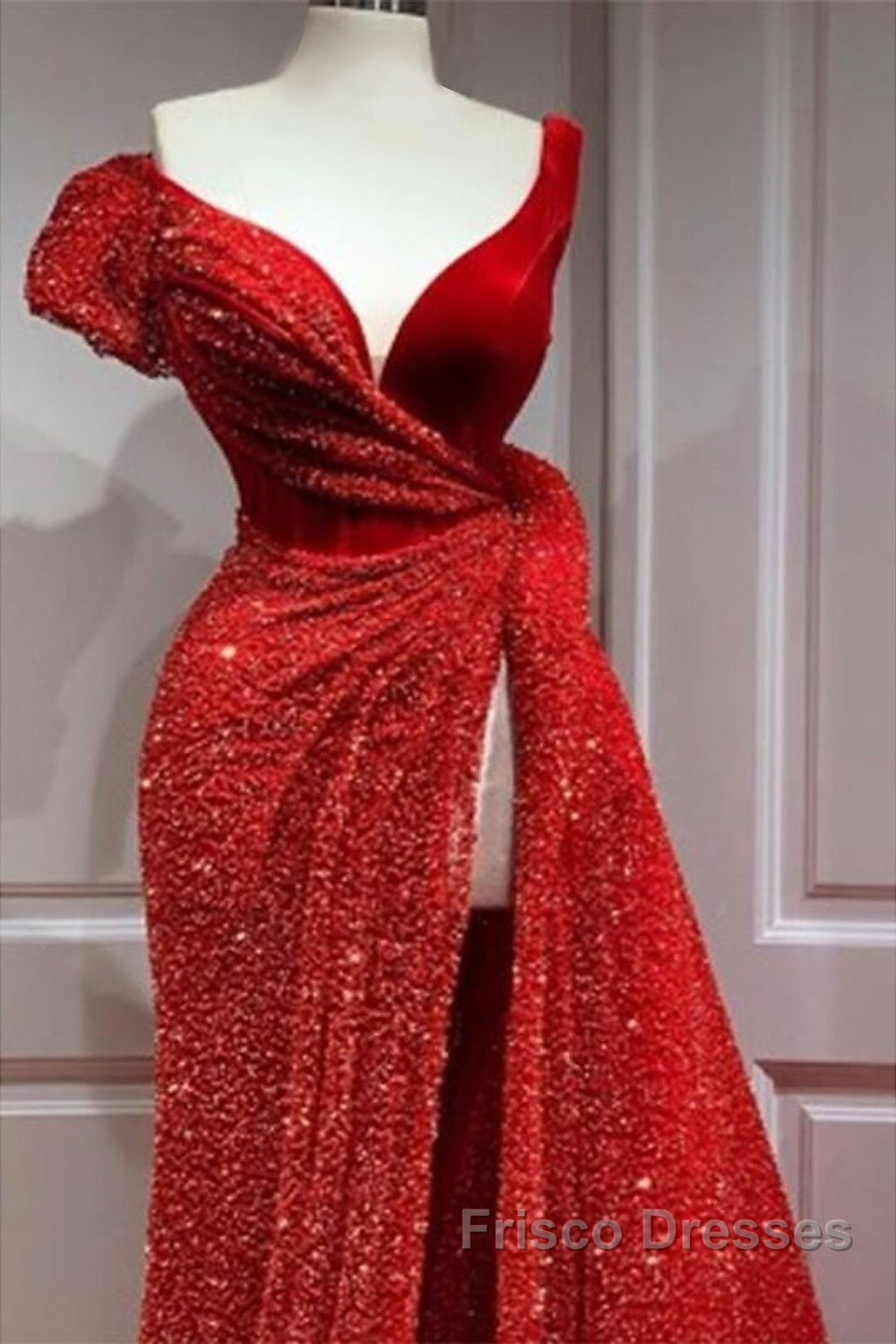 A-Line Sparkle & Shine High Split Formal Prom Formal Evening Dress V Neck Short Sleeve Court Train Satin With Sequin Slit Secondary image