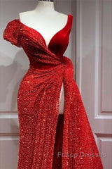 A-Line Sparkle & Shine High Split Formal Prom Formal Evening Dress V Neck Short Sleeve Court Train Satin With Sequin Slit