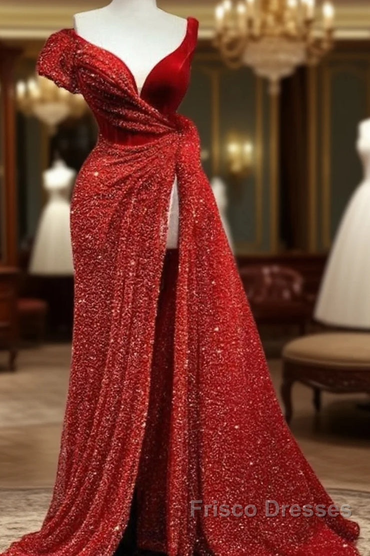 A-Line Sparkle & Shine High Split Formal Prom Formal Evening Dress V Neck Short Sleeve Court Train Satin With Sequin Slit Main image