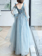 A-Line Sparkle & Shine Puffy Prom Formal Evening Dress V Neck Long Sleeve Floor Length Polyester With Sequin Butterfly