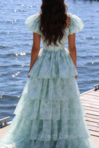 A Line Square Neck Green Tiered Prom Dress with Ruffles