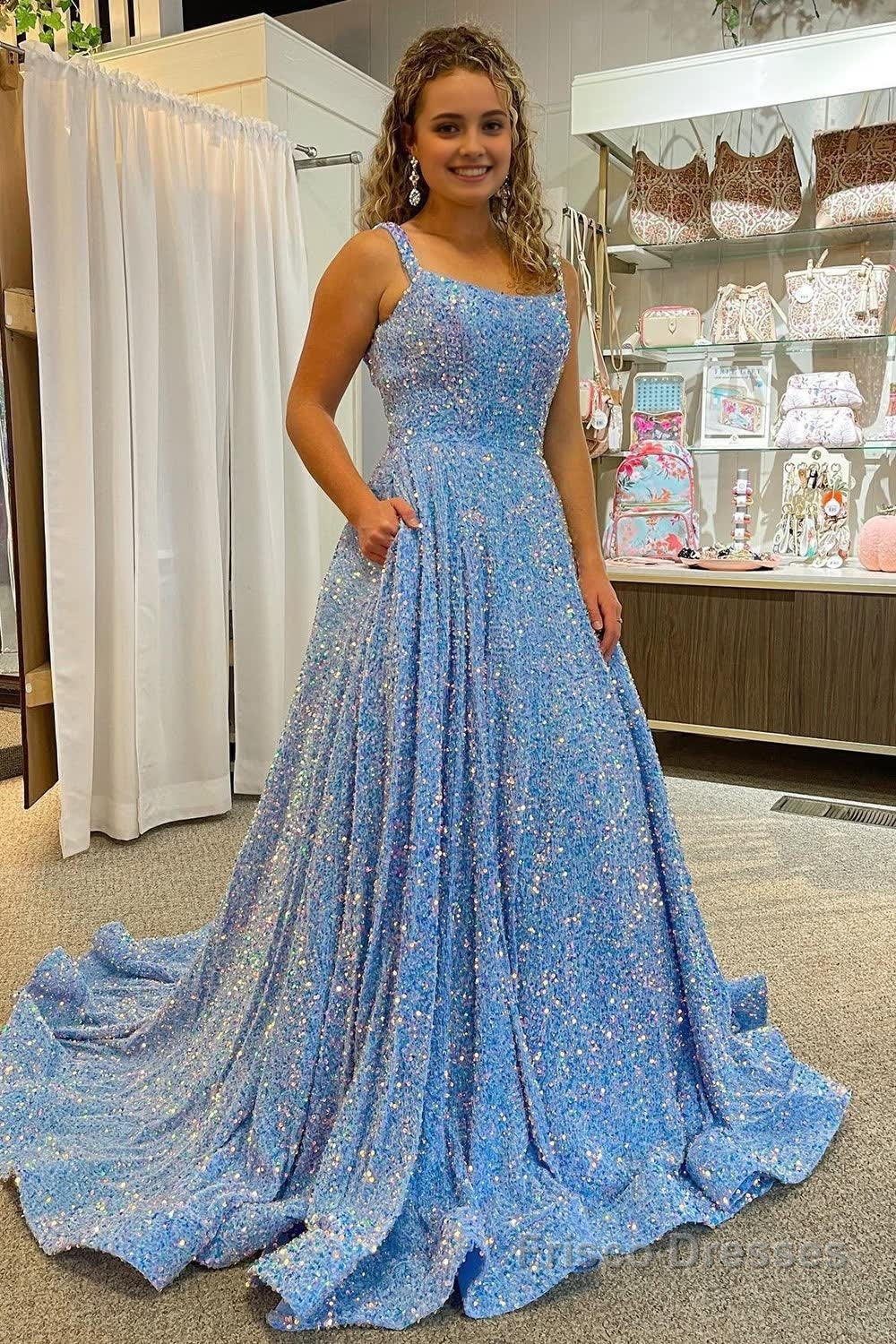 A Line Square Neck Light Blue Sequins Long Prom Dress Main image