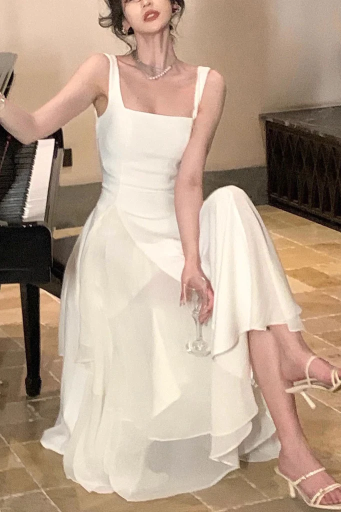 A Line Square Neck Prom Dress, Ankle Length Birthday Outfits