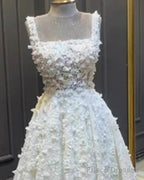 A-Line Square Neck Satin Wedding Dress With 3D Flwoers