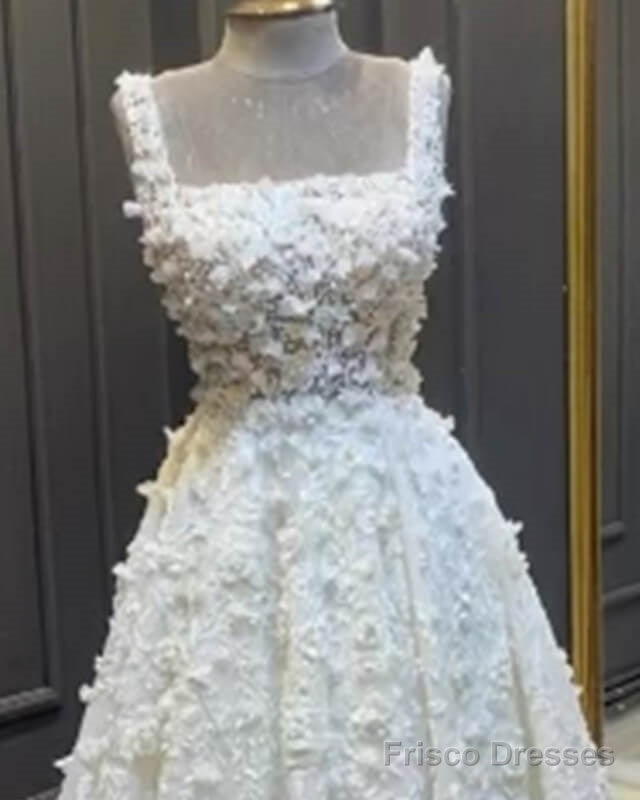 A-Line Square Neck Satin Wedding Dress With 3D Flwoers