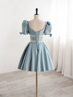 A-Line Square Neckline Blue Short Formal Prom Dress, Cute Blue Homecoming Dress