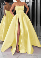 A-line Square Neckline Long/Floor-Length Satin Prom Dresses With Pockets Split