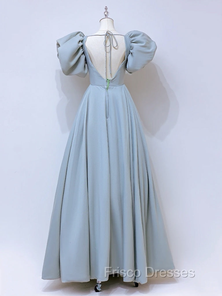 A-Line  Square Neckline Puff sleeves Long Blue Formal Prom Dress, Blue Long Formal Dress Secondary image