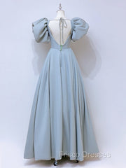 A-Line  Square Neckline Puff sleeves Long Blue Formal Prom Dress, Blue Long Formal Dress