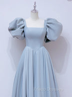 A-Line  Square Neckline Puff sleeves Long Blue Formal Prom Dress, Blue Long Formal Dress