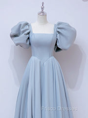 A-Line  Square Neckline Puff sleeves Long Blue Formal Prom Dress, Blue Long Formal Dress