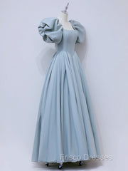 A-Line  Square Neckline Puff sleeves Long Blue Formal Prom Dress, Blue Long Formal Dress