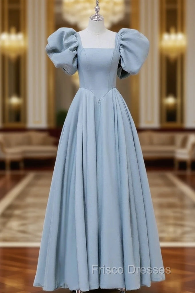 A-Line  Square Neckline Puff sleeves Long Blue Formal Prom Dress, Blue Long Formal Dress Main image