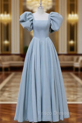 A-Line  Square Neckline Puff sleeves Long Blue Formal Prom Dress, Blue Long Formal Dress