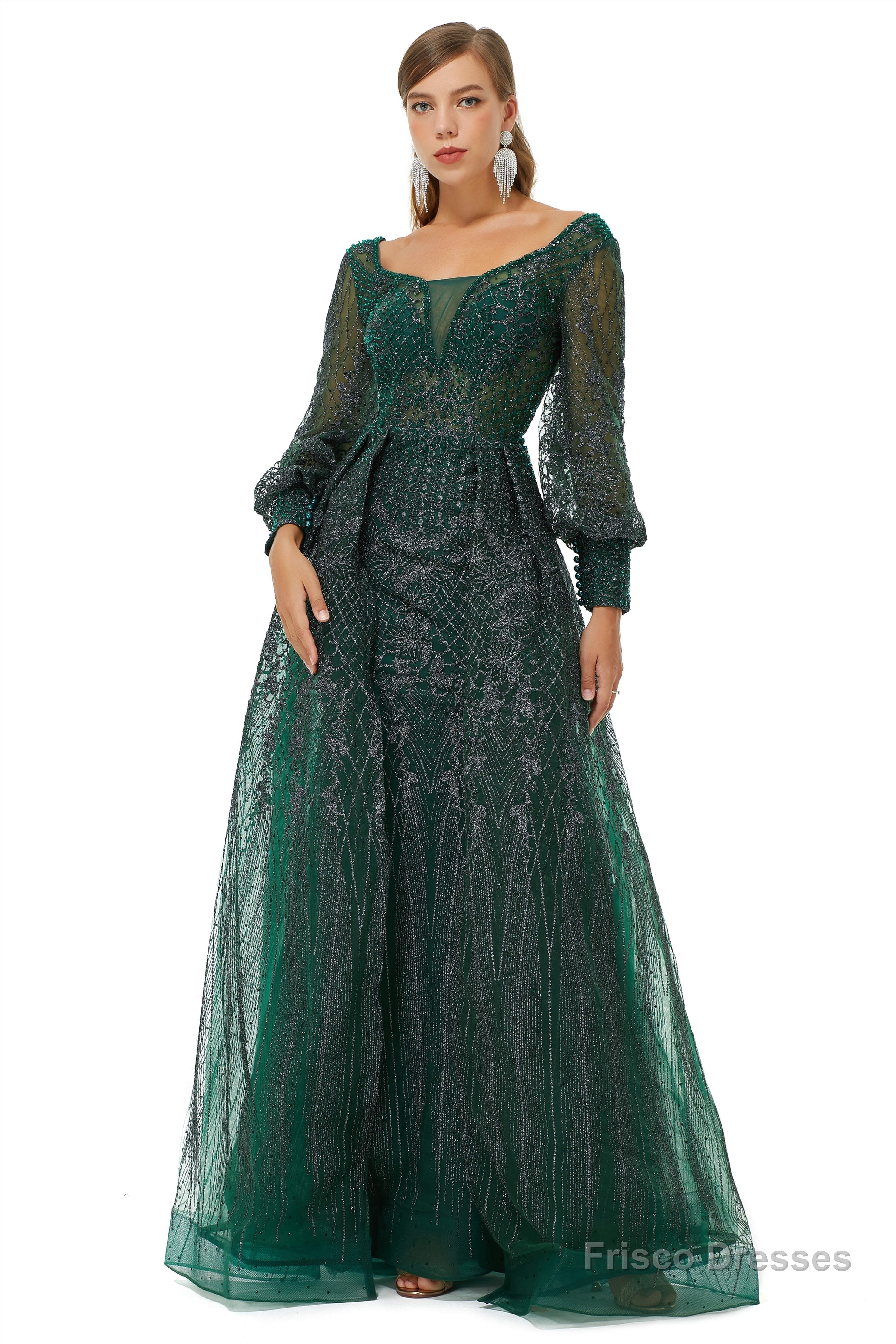 A-Line Square Neckline Sequined Floor-Length Long Sleeve Open Back Appliques Lace Prom Dresses Secondary image