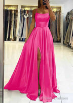 A-line Square Neckline Sleeveless Satin Sweep Train Prom Dresses With Pleated