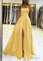 A-line Square Neckline Sleeveless Satin Sweep Train Prom Dresses With Pleated