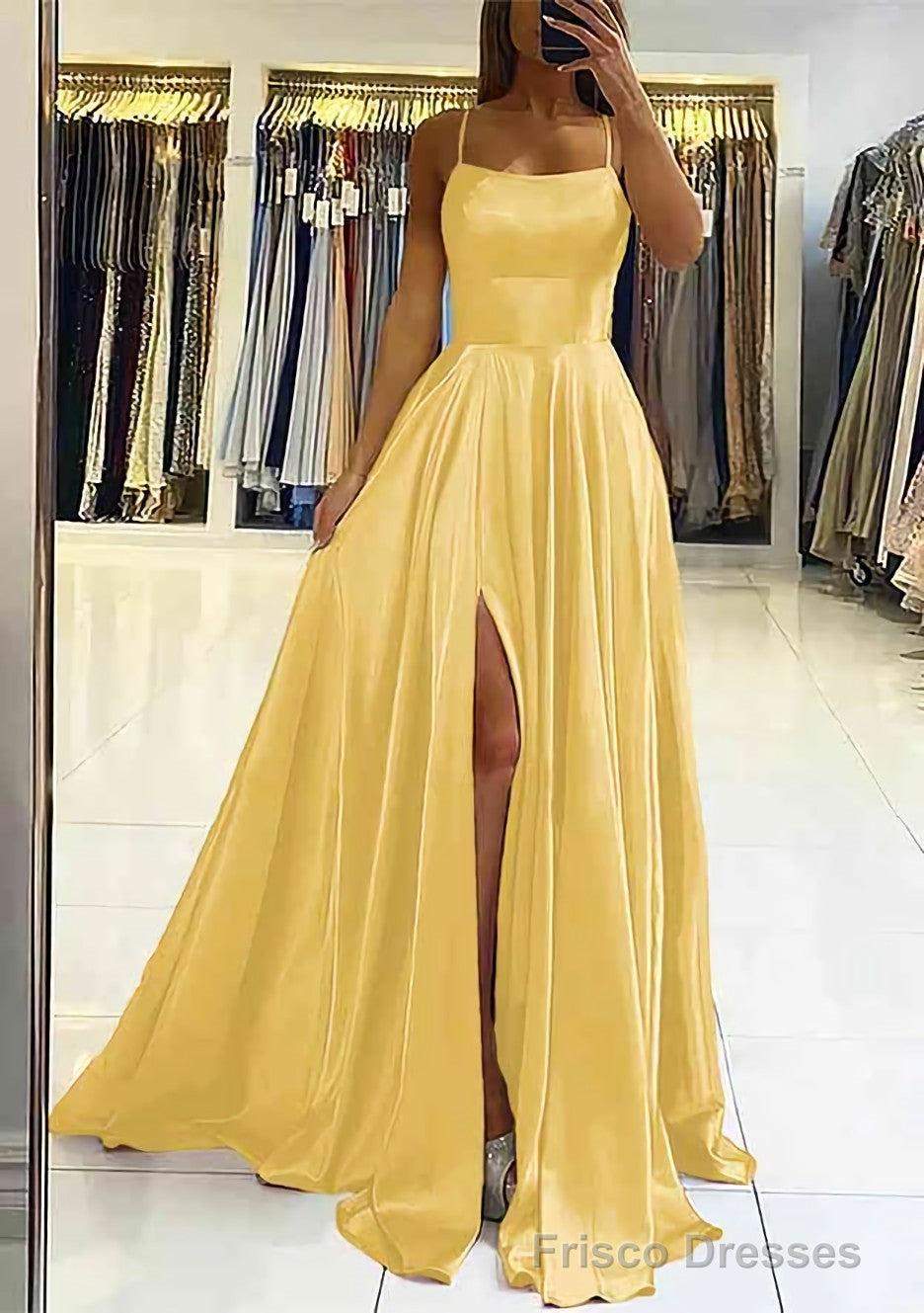A-line Square Neckline Sleeveless Satin Sweep Train Prom Dresses With Pleated