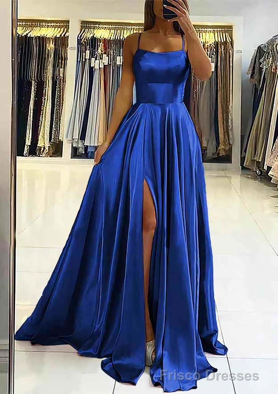 A-line Square Neckline Sleeveless Satin Sweep Train Prom Dresses With Pleated