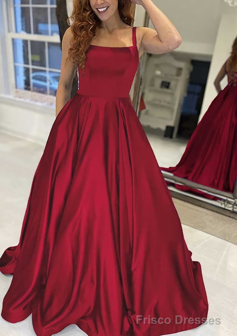 A-line Square Neckline Sleeveless Sweep Train Satin Prom Dresses With Pockets