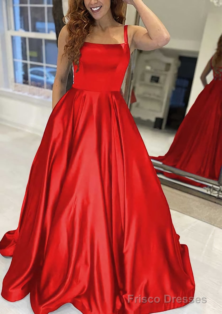 A-line Square Neckline Sleeveless Sweep Train Satin Prom Dresses With Pockets