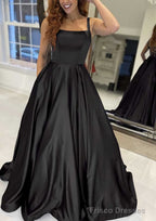 A-line Square Neckline Sleeveless Sweep Train Satin Prom Dresses With Pockets