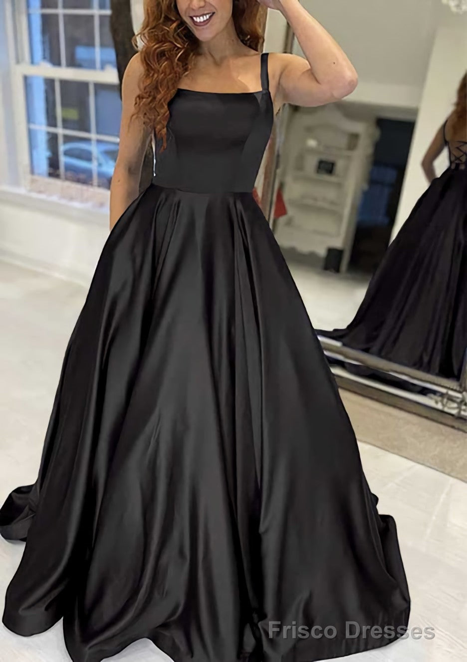 A-line Square Neckline Sleeveless Sweep Train Satin Prom Dresses With Pockets