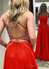 A-line Square Neckline Spaghetti Straps Long/Floor-Length Charmeuse Prom Dresses With Split