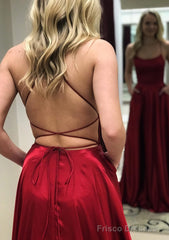 A-line Square Neckline Spaghetti Straps Long/Floor-Length Charmeuse Prom Dresses With Split