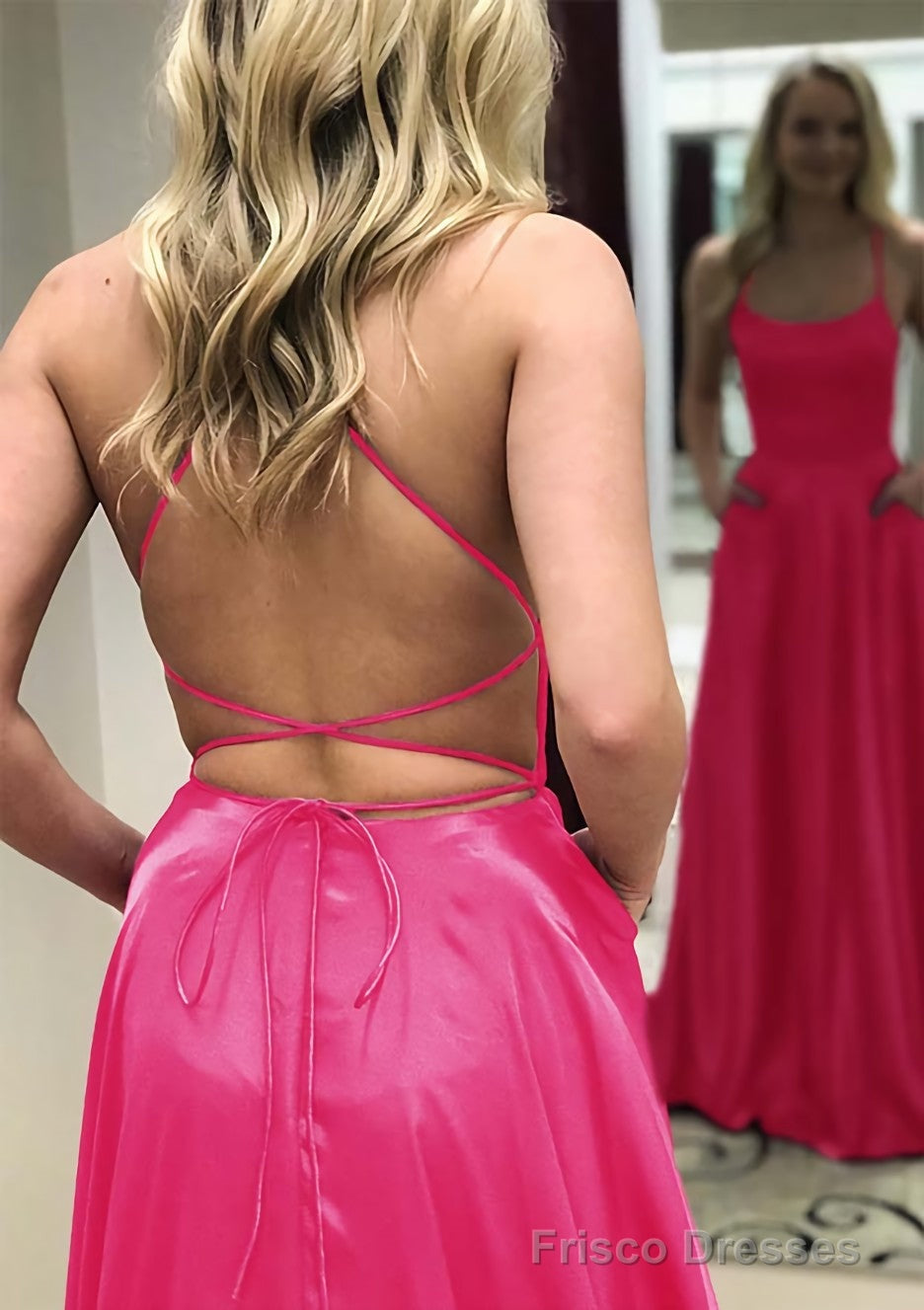 A-line Square Neckline Spaghetti Straps Long/Floor-Length Charmeuse Prom Dresses With Split