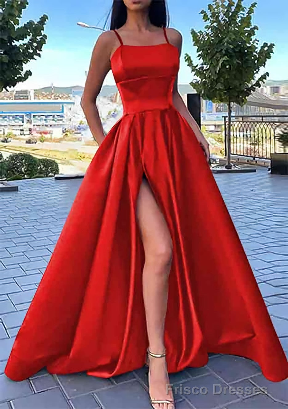 A-line Square Neckline Spaghetti Straps Long/Floor-Length Satin Prom D Frisco Dresses A-line Square Neckline Spaghetti Straps Long/Floor-Length Satin Prom D Frisco Dresses